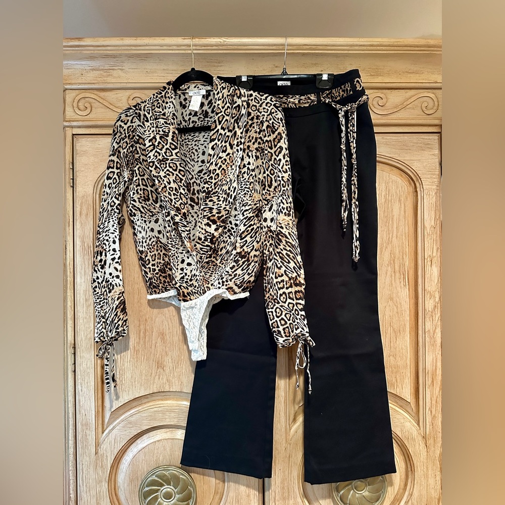 Vintage Caché Leopard mesh bodysuit and dress pants set